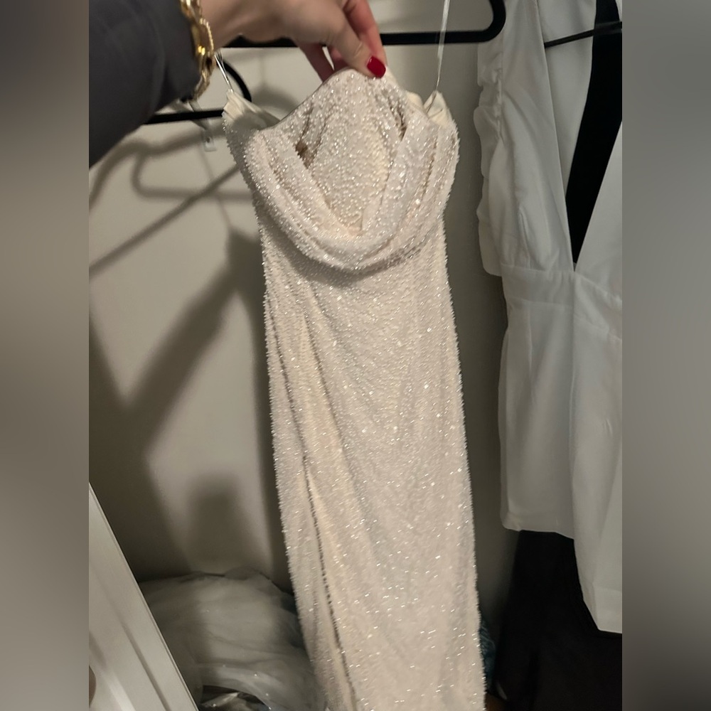 Oh Polly Verbier Embellished Bandeau Cowl Neck Midi Dress in Ivory - Picture 3 of 4